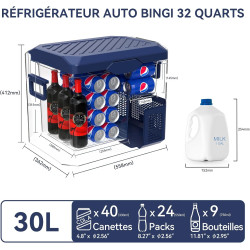 BINGI Glacière Electrique Voiture 30L Silencieuse (≤45dB) Réfrigérateur de Voiture à Compression -18°C à +15°C, 12V/24V/220V, Po