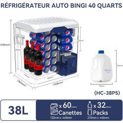 BINGI Glacière Electrique Voiture 38L Silencieuse (≤45dB) Réfrigérateur de Voiture à Compression -18°C à +15°C, 12V/24V/220V, Po