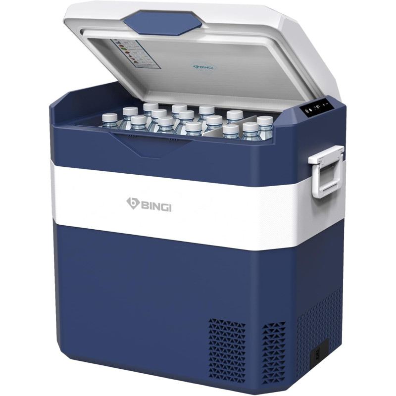 BINGI Glacière Electrique 42L à Compression avec Refroidissement Rapide Jusqu'à -18°C, 12V/24V/220V, Pour Camping-Car, Van, Cami