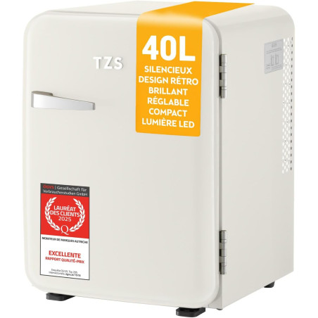 TZS First Austria - Mini Réfrigérateur Rétro 40L silencieux - Petit Minifrigo design vintage avec lumière intérieure et 2 compar