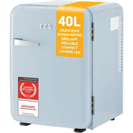 TZS First Austria - Mini Réfrigérateur Rétro 40L silencieux - Petit Minifrigo design vintage avec lumière intérieure et 2 compar
