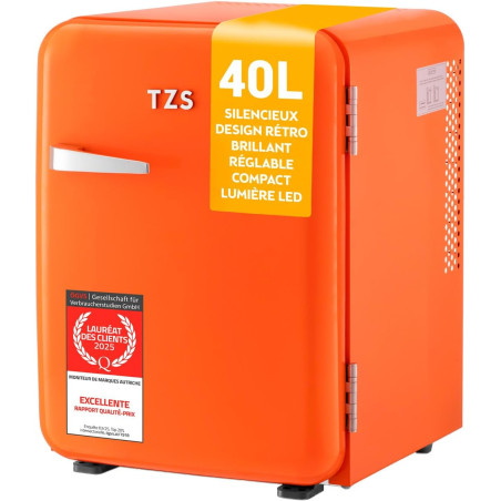 TZS First Austria - Mini Réfrigérateur Rétro 40L silencieux - Petit Minifrigo design vintage avec lumière intérieure et 2 compar