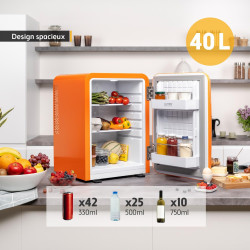 TZS First Austria - Mini Réfrigérateur Rétro 40L silencieux - Petit Minifrigo design vintage avec lumière intérieure et 2 compar