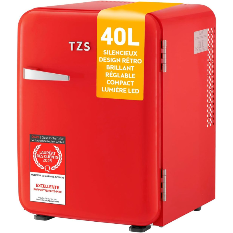 TZS First Austria - Mini Réfrigérateur Rétro 40L silencieux - Petit Minifrigo design vintage avec lumière intérieure et 2 compar