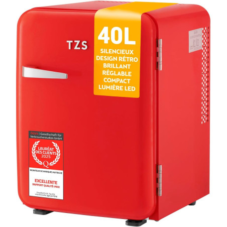 TZS First Austria - Mini Réfrigérateur Rétro 40L silencieux - Petit Minifrigo design vintage avec lumière intérieure et 2 compar