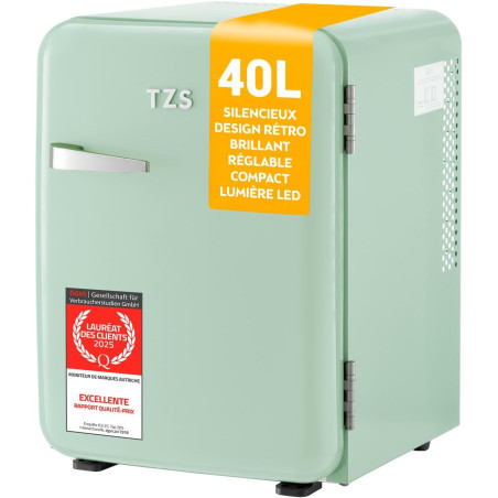 TZS First Austria - Mini Réfrigérateur Rétro 40L silencieux - Petit Minifrigo design vintage avec lumière intérieure et 2 compar