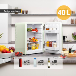 TZS First Austria - Mini Réfrigérateur Rétro 40L silencieux - Petit Minifrigo design vintage avec lumière intérieure et 2 compar