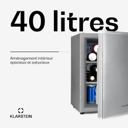 KLARSTEIN Petit Frigo de Chambre 40L pour Snacks et Boissons, Silencieux, Mini Bar, Réfrigérateur Camping et Cosmétique, Étagère