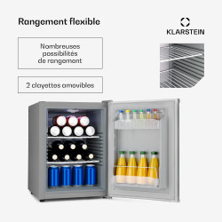 KLARSTEIN Petit Frigo de Chambre 40L pour Snacks et Boissons, Silencieux, Mini Bar, Réfrigérateur Camping et Cosmétique, Étagère