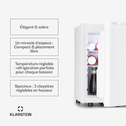 KLARSTEIN Mini Frigo de Chambre de 45L pour Boissons et Bieres, Petit Frigo Silencieux, Mini Bar Intérieur/Ext, Petit Refrigerat
