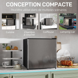 HOMCOM Réfrigérateur congélateur 46 L, mini frigo 41,5L+4,5L, silencieux, porte réversible, thermostats réglables, pelle et bac 