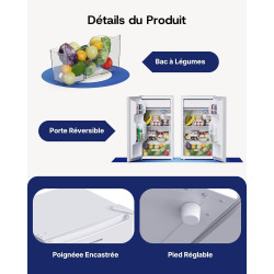 Upstreman 85 Litres Petit Frigo, Éclairage Intétré, Thermostat Réglable, Bac à Légumes, Silencieux, Porte Réversible, Petit Frig