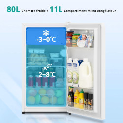 SMETA Mini Réfrigérateur, 91L, avec Micro-Congélateur 11L, Silencieux 40dB, Thermostat Réglable, Porte Réversible, Mini Frigo po