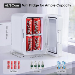 Astarama Mini Frigo de Chambre, 6 Litres/ 8 Canettes, Mode Silencieux, Fonction Chaud/Froid. 12V DC/220V AC Mini Refrigerateur T