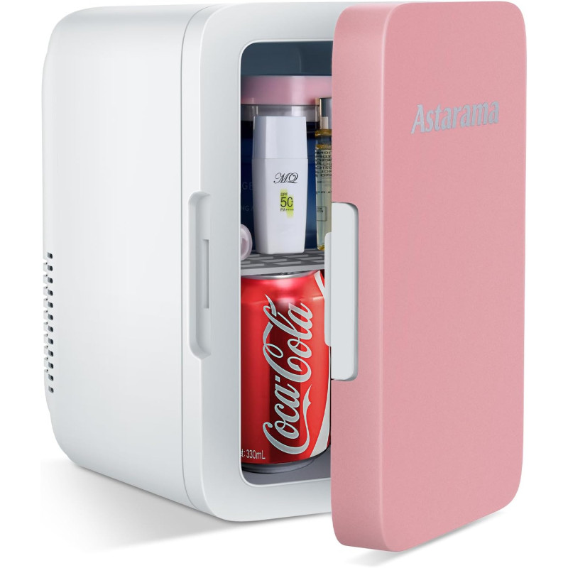 Astarama Mini Frigo de Chambre, 6 Litres/ 8 Canettes, Mode Silencieux, Fonction Chaud/Froid. 12V DC/220V AC Mini Refrigerateur T