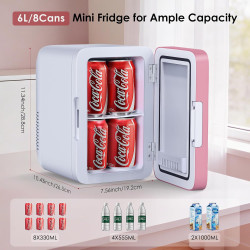 Astarama Mini Frigo de Chambre, 6 Litres/ 8 Canettes, Mode Silencieux, Fonction Chaud/Froid. 12V DC/220V AC Mini Refrigerateur T