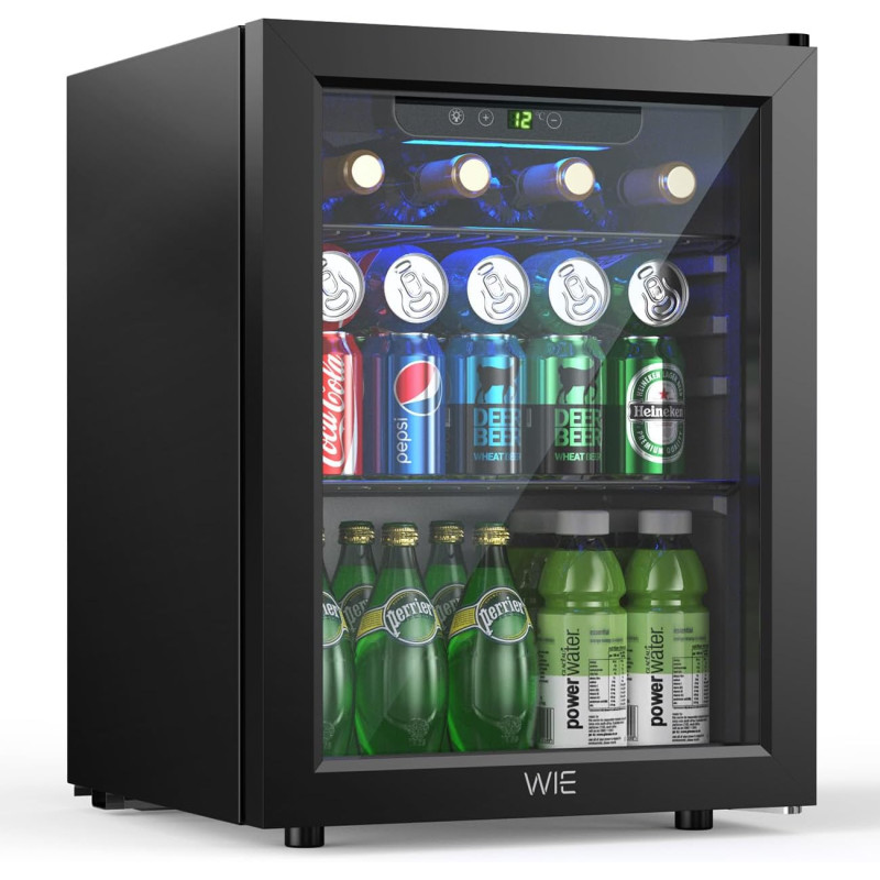 WIE Boisson Réfrigérée 48L, Armoire Vitrine Réfrigérée 68 Cans Mini Frigo avec LED, Étagères Réglables, Petit Réfrigérateur Sile