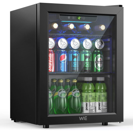 WIE Boisson Réfrigérée 48L, Armoire Vitrine Réfrigérée 68 Cans Mini Frigo avec LED, Étagères Réglables, Petit Réfrigérateur Sile