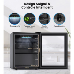 WIE Boisson Réfrigérée 48L, Armoire Vitrine Réfrigérée 68 Cans Mini Frigo avec LED, Étagères Réglables, Petit Réfrigérateur Sile