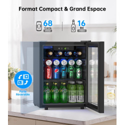 WIE Boisson Réfrigérée 48L, Armoire Vitrine Réfrigérée 68 Cans Mini Frigo avec LED, Étagères Réglables, Petit Réfrigérateur Sile