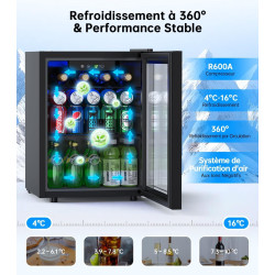 WIE Boisson Réfrigérée 48L, Armoire Vitrine Réfrigérée 68 Cans Mini Frigo avec LED, Étagères Réglables, Petit Réfrigérateur Sile
