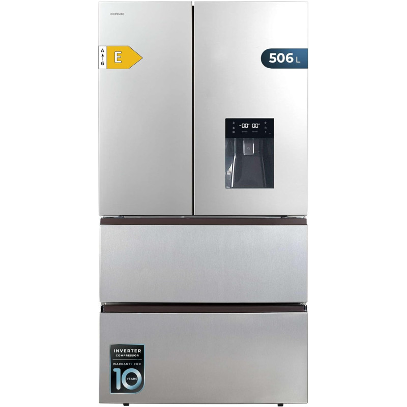 Cecotec Réfrigérateur à Double Porte en Inox avec Distributeur d'Eau de 510 L Bolero CoolMarket FD 510 WD Inox E. 183 cm de Haut
