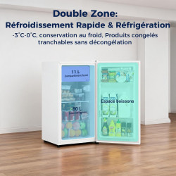 Petit Frigo, 91L, Température Réglable 2-8℃, Micro-Congélateur -3-0℃, Silencieux, Porte Réversible, Mini Réfrigérateur pour Cham