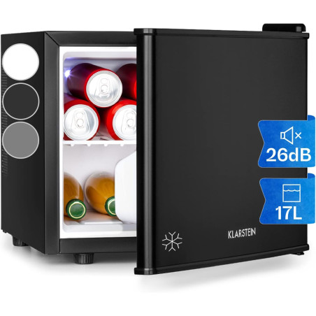 KLARSTEIN Mini Frigo de Chambre pour Boissons, Petit Réfrigérateur Silencieux, Mini Bar Intérieur, Bières, Vins, Camping, 3 Nive