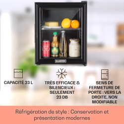 KLARSTEIN Brooklyn Mini Frigo de Chambre, Mini Bar, Refrigerateur Aliments, Boissons, Porte en Verre, Etagères Réglables, Petit 