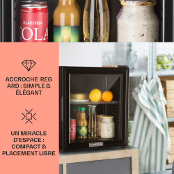 KLARSTEIN Brooklyn Mini Frigo de Chambre, Mini Bar, Refrigerateur Aliments, Boissons, Porte en Verre, Etagères Réglables, Petit 