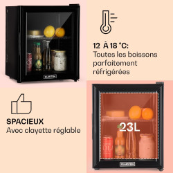 KLARSTEIN Brooklyn Mini Frigo de Chambre, Mini Bar, Refrigerateur Aliments, Boissons, Porte en Verre, Etagères Réglables, Petit 