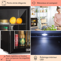 KLARSTEIN Brooklyn Mini Frigo de Chambre, Mini Bar, Refrigerateur Aliments, Boissons, Porte en Verre, Etagères Réglables, Petit 