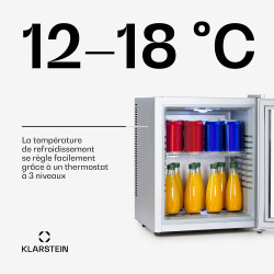 KLARSTEIN Brooklyn Mini Frigo de Chambre, Mini Bar, Refrigerateur Aliments et Boissons, Porte en Verre, Etagères Réglables, Peti