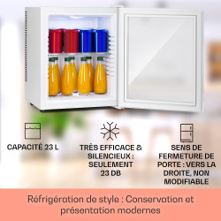 KLARSTEIN Brooklyn Mini Frigo de Chambre, Mini Bar, Refrigerateur Aliments, Boissons, Porte en Verre, Etagères Réglables, Petit 