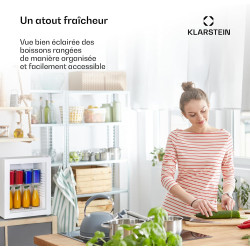 KLARSTEIN Brooklyn Mini Frigo de Chambre, Mini Bar, Refrigerateur Aliments, Boissons, Porte en Verre, Etagères Réglables, Petit 