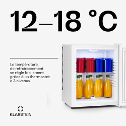 KLARSTEIN Brooklyn Mini Frigo de Chambre, Mini Bar, Refrigerateur Aliments, Boissons, Porte en Verre, Etagères Réglables, Petit 