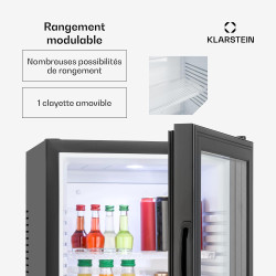 KLARSTEIN Brooklyn Mini Frigo de Chambre, Bar, Aliments, Boissons, Porte en Verre, Etagères Réglables, Camping, Voiture, Cosmeti