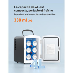 AstroAI Mini Frigo de Chambre, 4 litres / 6 Canettes 330ml, 12V/220V, Petit Frigo Cosmetique, Mini Réfrigérateur Voiture Portabl