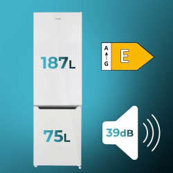 Cecotec Réfrigérateur 262 L Bolero CoolMarket Combi 262 Blanc E, Classe E, Économie d'énergie, Lumière LED, Plateaux en verre, C