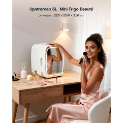 Upstreman 6L Mini Frigo Cosmetique, Mini Frigo Chambre avec Miroir, Éclairage LED 3 Intensités, 35 dB Silencieux et Portable pou