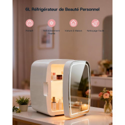 Upstreman 6L Mini Frigo Cosmetique, Mini Frigo Chambre avec Miroir, Éclairage LED 3 Intensités, 35 dB Silencieux et Portable pou