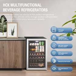 HCK 115L Réfrigérateur à boissons en pose libre avec porte en verre double vitrage, température réglable de 0 à 10 ℃, 4 étagères