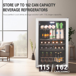 HCK 115L Réfrigérateur à boissons en pose libre avec porte en verre double vitrage, température réglable de 0 à 10 ℃, 4 étagères