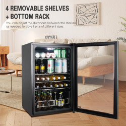 HCK 115L Réfrigérateur à boissons en pose libre avec porte en verre double vitrage, température réglable de 0 à 10 ℃, 4 étagères