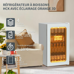 Hck réfrigérateur pour boissons de 98 l, mini réfrigérateur avec éclairage orange 3d et porte en verre, réfrigérateur compact de