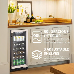 HCK Réfrigérateur 90L Sous-Plan avec Porte en Verre Triple et Fermeture Automatique, Plage de Température de 0℃ à 22℃, Régulateu