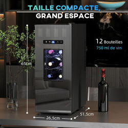 HOMCOM Cave à vin 12 bouteilles 30L réfrigérateur à vin thermoélectrique double et silencieux - porte en verre, éclairage LED, é