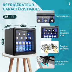 EUHOMY Réfrigérateur à Boissons Avec Porte Vitrée, Mini Frigo Pour 55 Canettes, Cave a Vin Design Autonome Avec Led, 36 L, Silen
