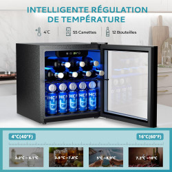 EUHOMY Réfrigérateur à Boissons Avec Porte Vitrée, Mini Frigo Pour 55 Canettes, Cave a Vin Design Autonome Avec Led, 36 L, Silen