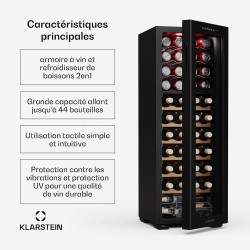 KLARSTEIN Bovella 44 Duo+ Cave à Vin - 44 Bouteilles, 2 Zones, 5-18°C, Commande Tactile, Éclairage LED, Protection UV, Cave à Vi